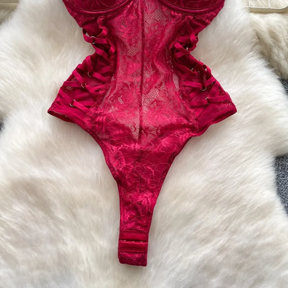 Sexy Lace Push Up Bodysuit See Through Mesh Patchwork Sleeveless Slim Thin One Pieces Elegant Women's Strappy Lingerie