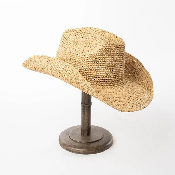 Hand-crocheted Natural Raffia Straw Cowboy Hat for Women Men Summer Wide Brim Sun Hat Outdoor Breathable Beach Caps
