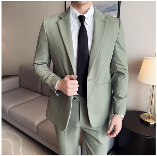 (Jacket+Pant) New Men Pure Color Business Social Wedding Party Suit Fashion Male Banquet Party Slim Fit Dress Blazer and Trouser