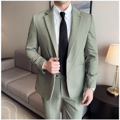 (Jacket+Pant) New Men Pure Color Business Social Wedding Party Suit Fashion Male Banquet Party Slim Fit Dress Blazer and Trouser