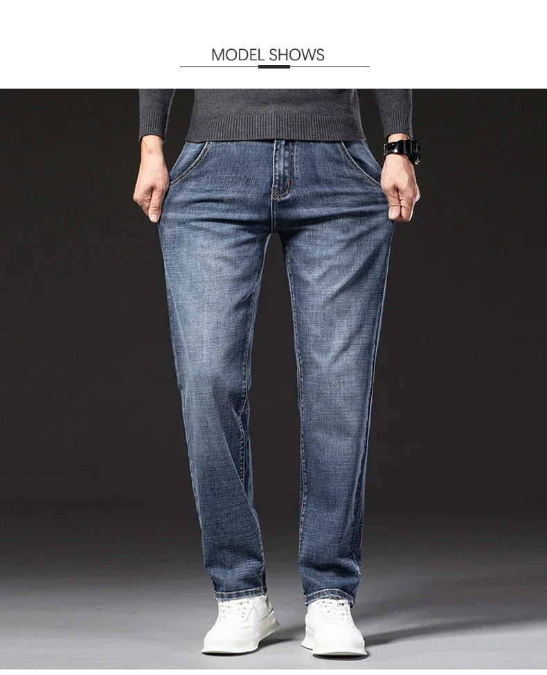 New Spring Summer Plus Size 40 42 44 Men Straight Loose Jeans Business Fashion Denim Stretch Pants Male Brand Trousers
