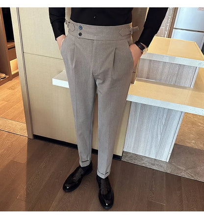 Autumn Winter High Waist Business Dress Pants Men Casual Belt Design Slim Suit Pants Formal Wedding Social Party Male Trousers