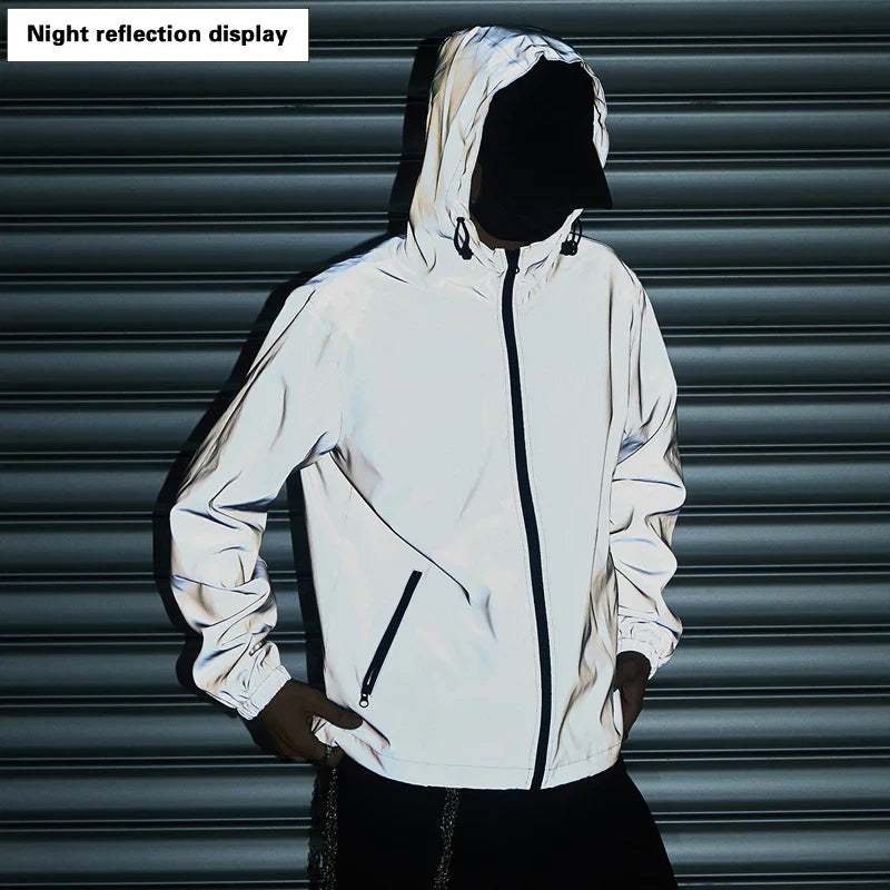 Night Reflective Clothes Spring New Men's Hooded Jacket Outdoor Run Casual Windproof Coat Couples Hip-hop Streetwear S-5XL