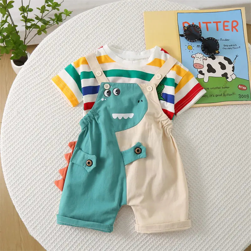 Summer Kids Boys Clothing Toddler Fashion Rainbow Clothes T Shirt Cartoon Dinosaur Bib Pants 2Pcs/Set Children Costume Suit