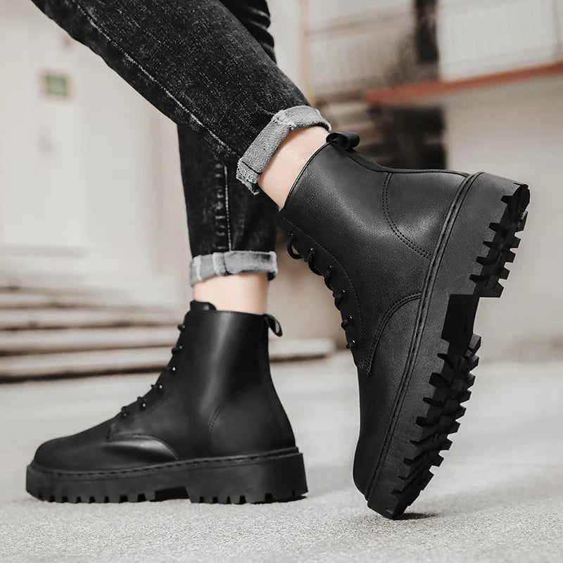 Men Shoes Autumn Anti Slip Waterproof High Top Black Lace Up Casual Leather Shoes Platform Boots Fashion Trend Motorcycle Boots