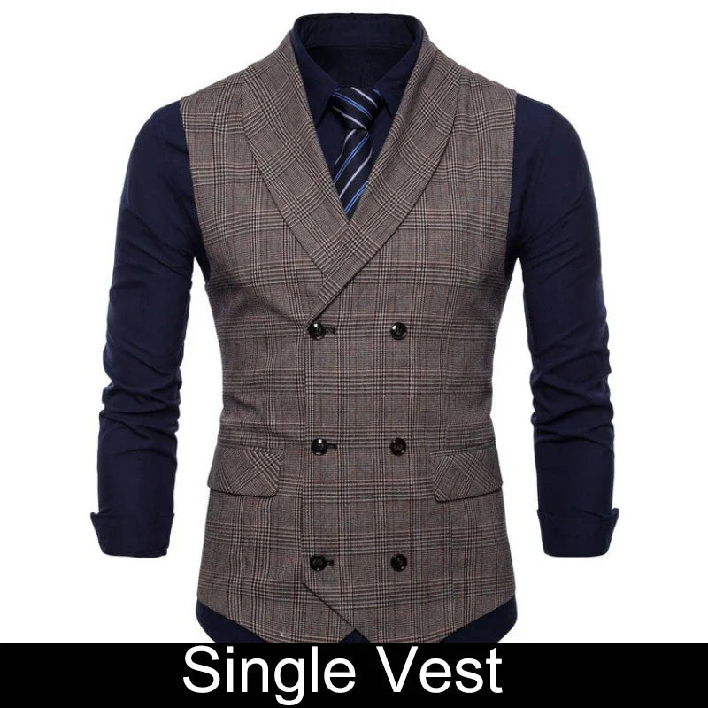 Men Vest Vintage Plaid Turn Down Collar Male Suit Vest Slim Double-breasted Sleeveless Business Casual Man Waistcoat