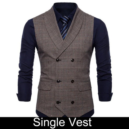 Men Vest Vintage Plaid Turn Down Collar Male Suit Vest Slim Double-breasted Sleeveless Business Casual Man Waistcoat