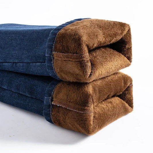Winter Fleece Men's Casual Jeans Stretch Fashion Cotton Thick Plush Warm Denim Trousers Male Brand Pants Plus Size 42 44 46