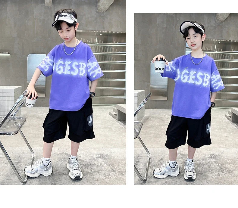 Hot Sale Teenager Boy Summer Tee Top and Bottom Clothes Set for Child Letter Print Cotton T-shirt + Shorts 2 Piece Clothing Suit