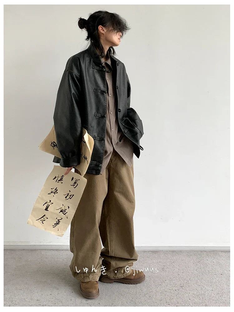 Spring Cool Oversized Vintage Distressed Pu Leather Jacket Men Elegant Luxury Designer Chinese Style Clothes 2024
