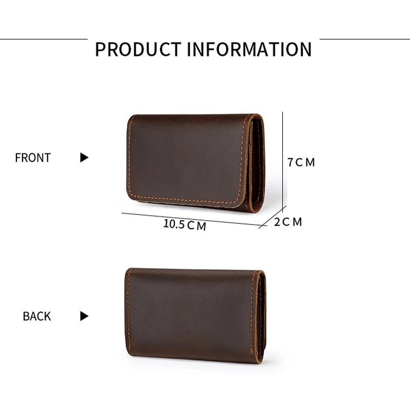 Crazy Horse Leather Card Holder Top-Grain Cowhide Snap - Button Genuine Leather Multi-function Wallet RFID Credit Card Case