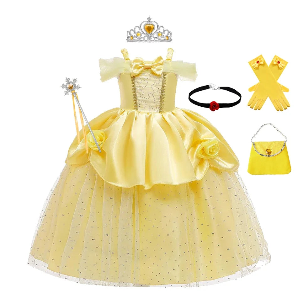 Girls Belle Cosplay Costumes Girls Dresses for Beauty Kids Party Clothing Magic Stick Crown Children Yellow Dress and The Beast