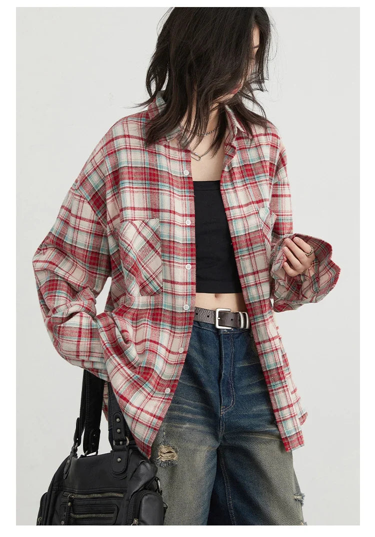 Women's Cotton Shirt Single Breasted Loose New Retro Color Blocked Grid Female Blouses Autumn Spring 2026