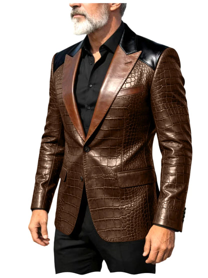 Men's Crocodile Embossed Leather Blazer Luxury Patchwork PU Leather Suit Jacket Slim Fit Peaked Lapel Casual Business Outerwear