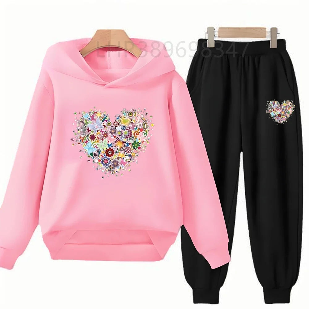 Heart-Shaped Children's Hoodies Suit Top+Bottom Girls Pink Boy Black Age 3-12 Coat Casual Toddler Long Sleeves Autumn Clothing