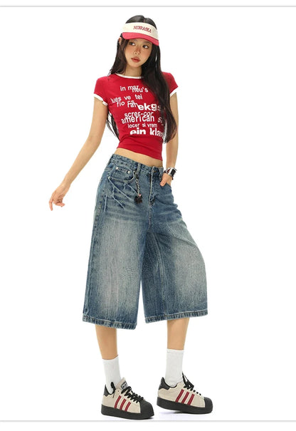 Vintage Washed Loose Straight Leg Denim Capri Men Women Lightning Print Streetwear Shorts