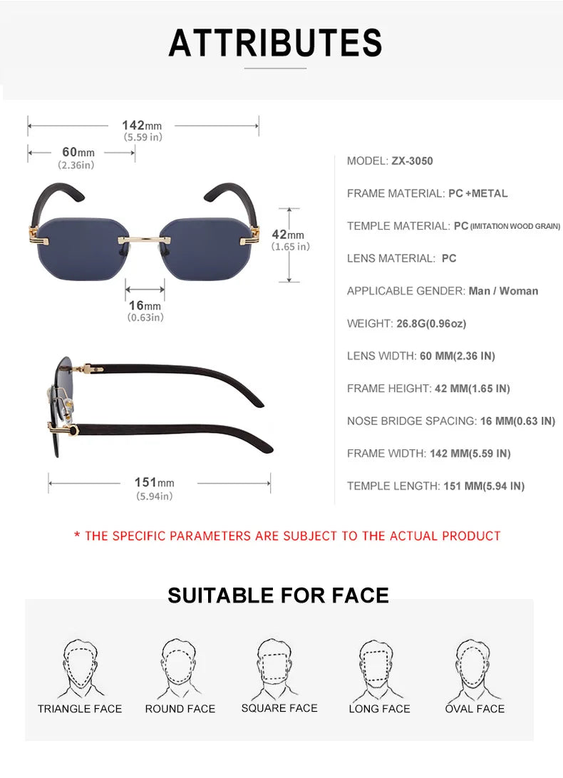 2026 Wooden Rimless Sunglasses Women Trendy Vacation Sunscreen Square Sunglass Men Luxury Vintage Retro Fashion Glasses Occhiali