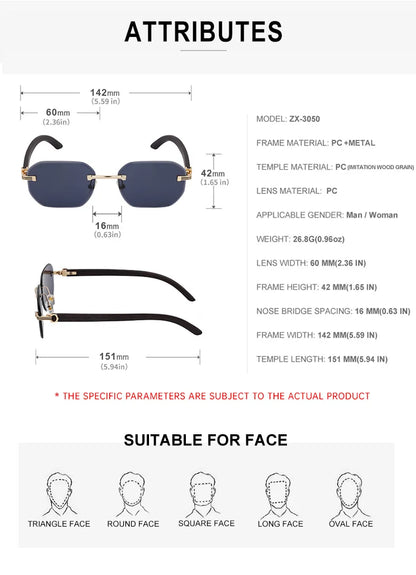 2026 Wooden Rimless Sunglasses Women Trendy Vacation Sunscreen Square Sunglass Men Luxury Vintage Retro Fashion Glasses Occhiali