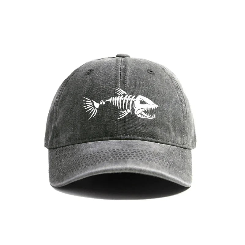 White fishbone printed baseball cap, vintage style, fashionable and versatile for both men and women