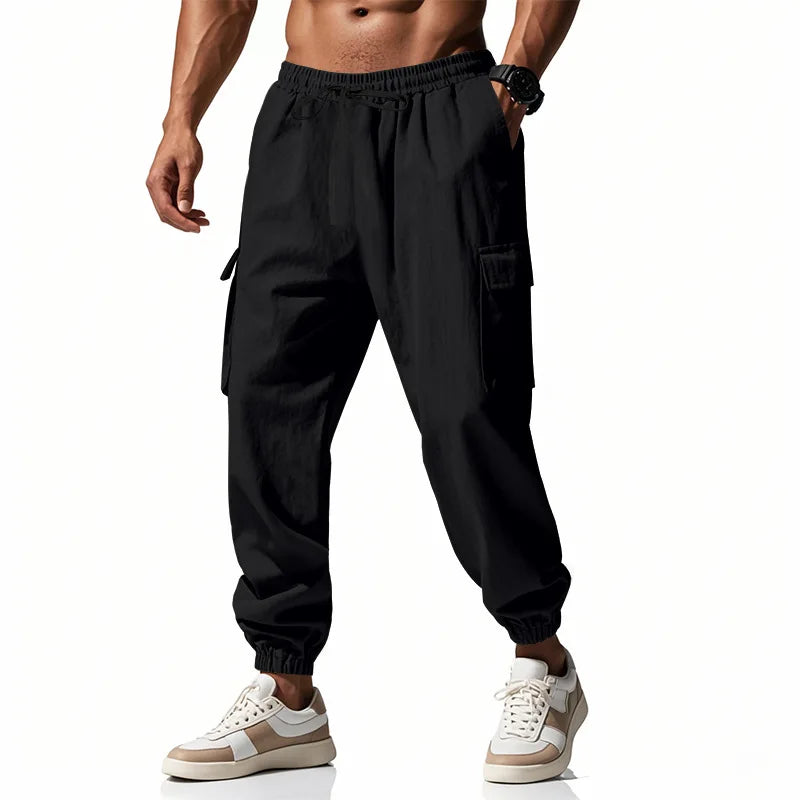 2026 New men's casual multi-pocket trousers male closed-placket tethered cotton and linen straight-leg leggings Men Mens