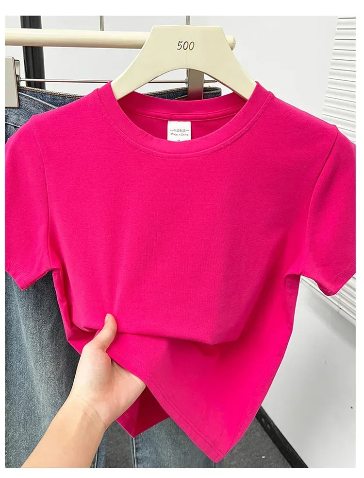 2026 Summer New High Quality Casual Plus Size T Shirt Sexy Short Sleeved Sleeves Fashion Trend Solid Women Clothing Y2k Tops