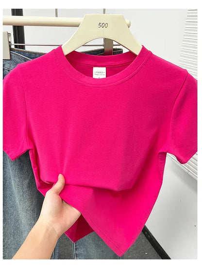 2026 Summer New High Quality Casual Plus Size T Shirt Sexy Short Sleeved Sleeves Fashion Trend Solid Women Clothing Y2k Tops