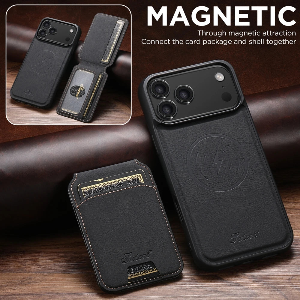 2 in 1 Leather Case For iPhone 17 Promax Air 16 Pro max 15 Plus 14 Pro 13 12 Wireless Charging Kickstand Card Slots Phone Cover