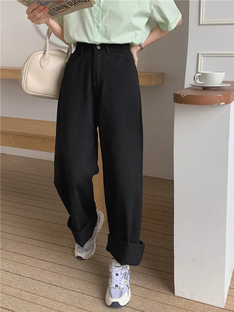 Korean Sle Simple Pure Color Wide Leg Jeans Pants for Women Summer Season Fall Collection Faion Ladies Premium Denim