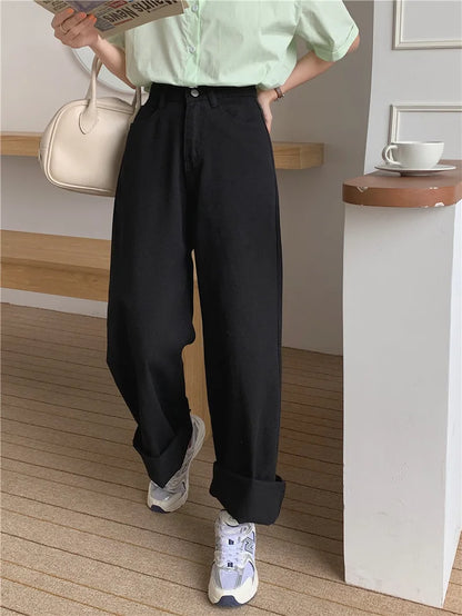 Korean Sle Simple Pure Color Wide Leg Jeans Pants for Women Summer Season Fall Collection Faion Ladies Premium Denim