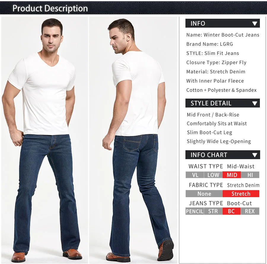Mens Winter Stretch Denim Jeans Thicken Warm Pants Slim Slightly Flare Trousers Boot Cut Fit Polar Fleece Jeans