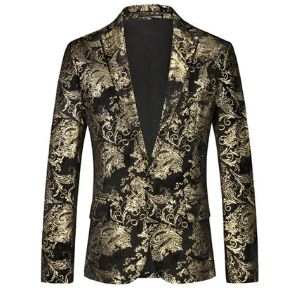 New Men Luxury Velvet Suit Foil Stamped Printed Jacket , Fashion Male Business Social Wedding Prom Party Dress Slim Fit Blazers