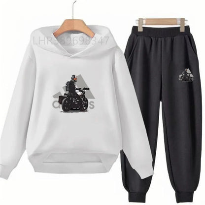 Children Fun Brand Black Clothing Hoodie Coat Sweatshirt Top+Trousers Boys Girls White Toddler 3-12Yrs Casual Kids Pullover Set