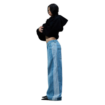 Y2K American Retro High Waisted Jeans Loose Wide Leg Pants Harajuku Style Street Striped Gothic Niche Design Casual Pants
