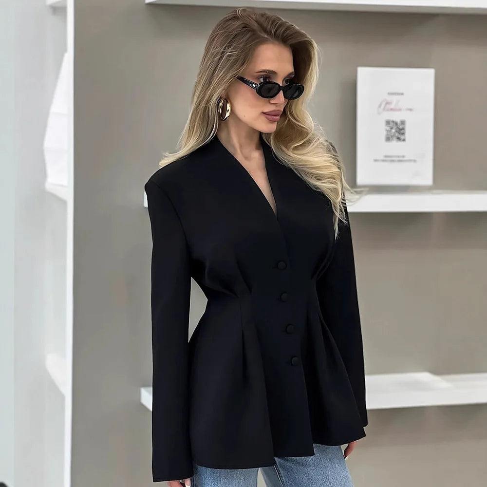 Elegant V-neck Tunics Black Suit 2026 Spring Women's Long Sleeve Single Breasted Slim Blazers Ruched Outerwear Streetwear