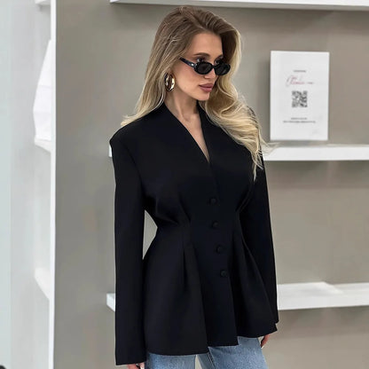 Elegant V-neck Tunics Black Suit 2026 Spring Women's Long Sleeve Single Breasted Slim Blazers Ruched Outerwear Streetwear