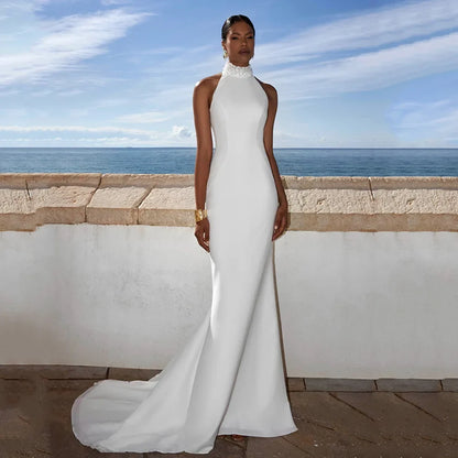 Sexy Arabian Wedding Dress Customized Halter Sleeveless Pearl Open Back Sweep Train Chiffon Mermaid Bridal Gown for Bride