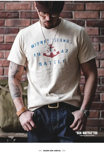 Vintage Letter Print Cotton Short Sleeve T-Shirt Men's Summer Loose Fit Ribbed Crew Neck Tee Casual Street Tops for Daily