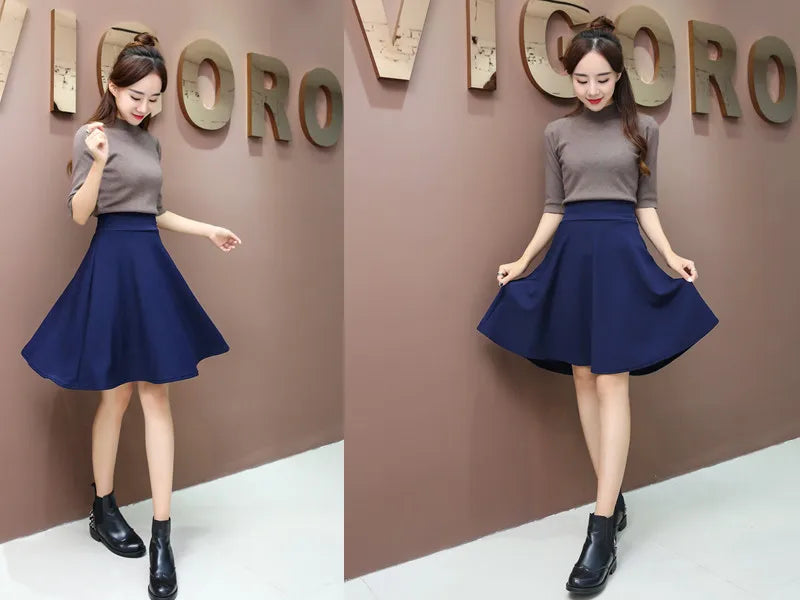 55cm Long Skirt Women's High Waist Knee Sun Half Skirt Fashion Versatile Black Casual Clothing Fluffy Pleated Skirts No Shorts