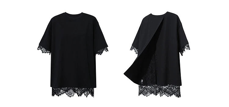 Women's T-Shirt 2026 Summer Round Neck Drop Shoulder Cotton Tee Lace Lace Patchwork Loose Side Slit Top For Women 12652004
