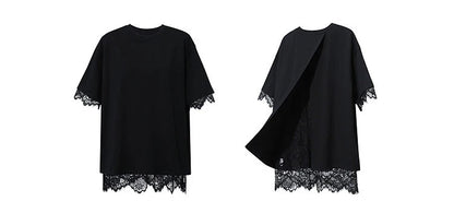 Women's T-Shirt 2026 Summer Round Neck Drop Shoulder Cotton Tee Lace Lace Patchwork Loose Side Slit Top For Women 12652004
