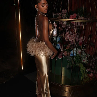 Sansa Customized Golden Halter Neck Prom Dresses Feathers فساتين للمناسبات الخاصة Mermaid Satin Floor-Length vestidos de festa