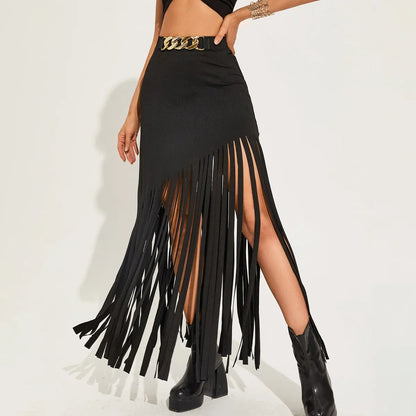 Tassel Punk Style Sexy Women Maxi Skirts Mall Gothic Grunge High Waist Long Skirt with Ring Belt Black Club Streetwear