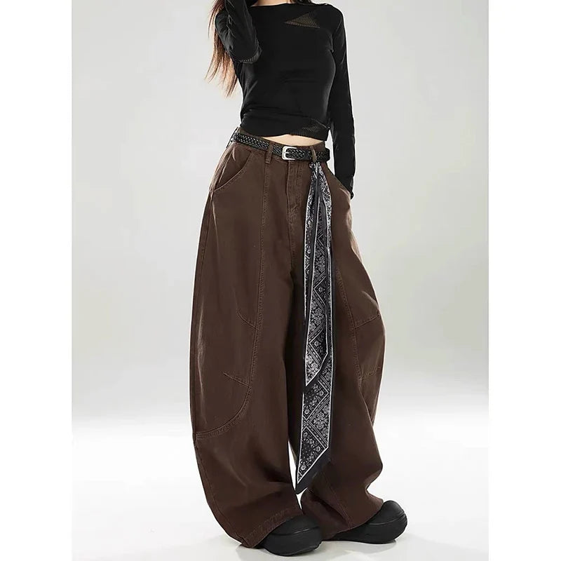 Women Brown Gothic Baggy Y2k Jeans Vintage Harajuku Gradient Jean Pants American 2000s Oversize Denim Trousers Autumn