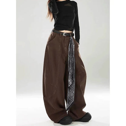 Women Brown Gothic Baggy Y2k Jeans Vintage Harajuku Gradient Jean Pants American 2000s Oversize Denim Trousers Autumn