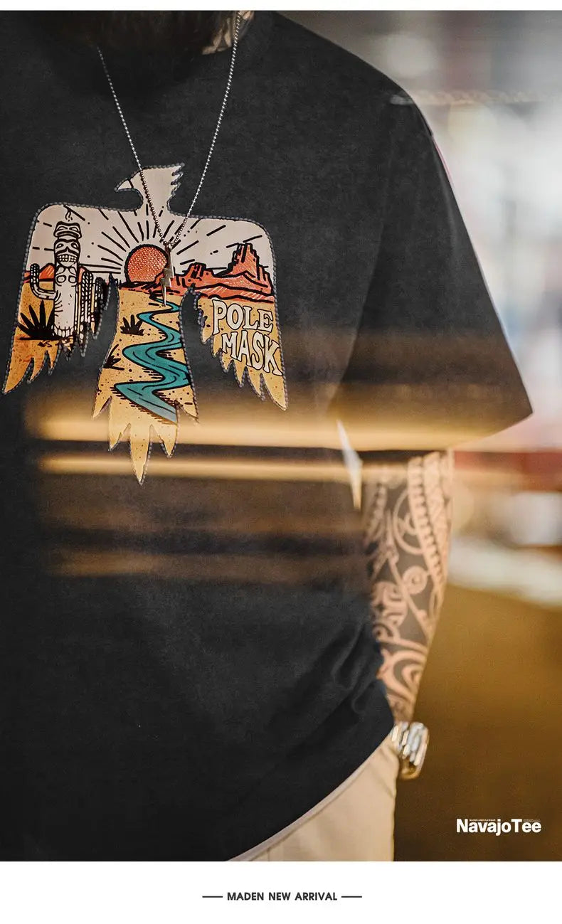 Vintage Style Thunderbird Print T-Shirt Men's Summer Heavyweight Embroidered Short Sleeve Tee Navajo Crew Neck Street Tops