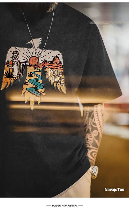 Vintage Style Thunderbird Print T-Shirt Men's Summer Heavyweight Embroidered Short Sleeve Tee Navajo Crew Neck Street Tops