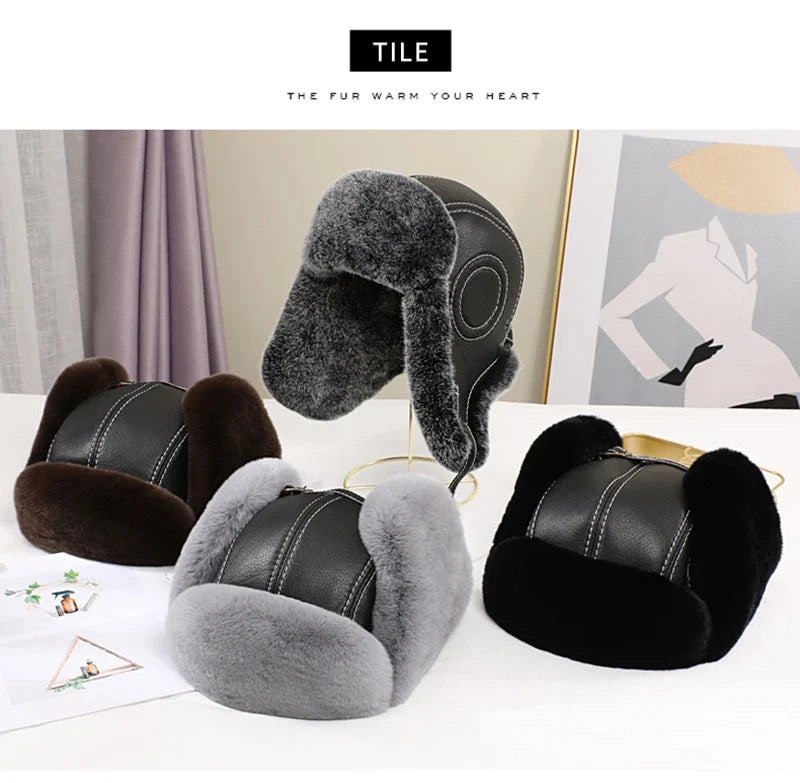 2026  Winter Men's 100% Real Rex Rabbit Fur Bomber Hat Ushanka Cap Trapper Russian Man Ski Hats Caps Real Sheepskin Leather
