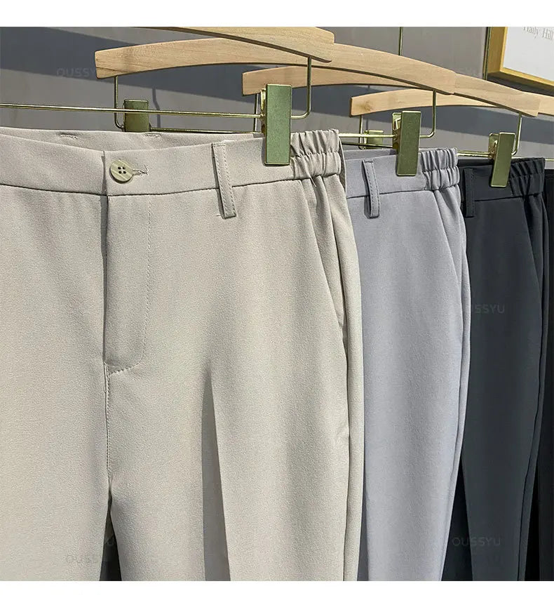 Summer Men's Casual Pants Suit Pant Slim Fit Work Elastic Waist Thin Jogging Business Trousers Male Black Grey Plus Size 40