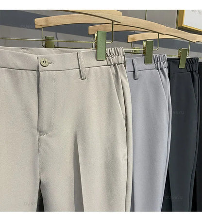 Summer Men's Casual Pants Suit Pant Slim Fit Work Elastic Waist Thin Jogging Business Trousers Male Black Grey Plus Size 40