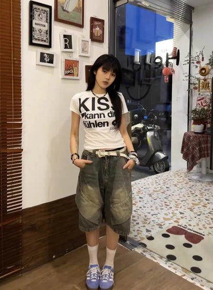 Karrram Japanese Y2k Letter Print T-shirt Trashy 2000s Style Crop Top Vintage Harajuku Short Sleeve Tee Shirt American Retro 90s